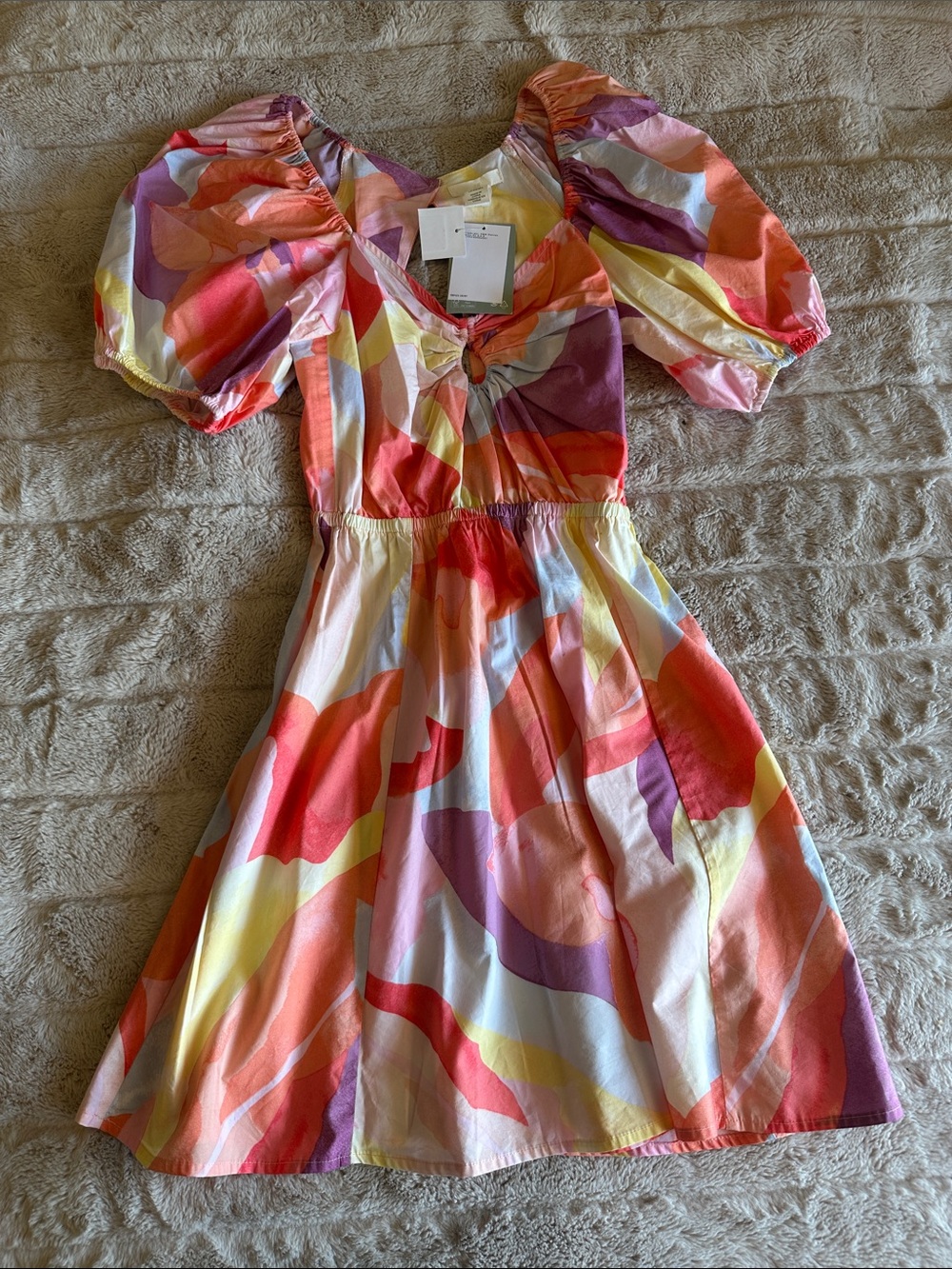 H&M Multicolor Wave-Print Puff-Sleeve Casual Dress